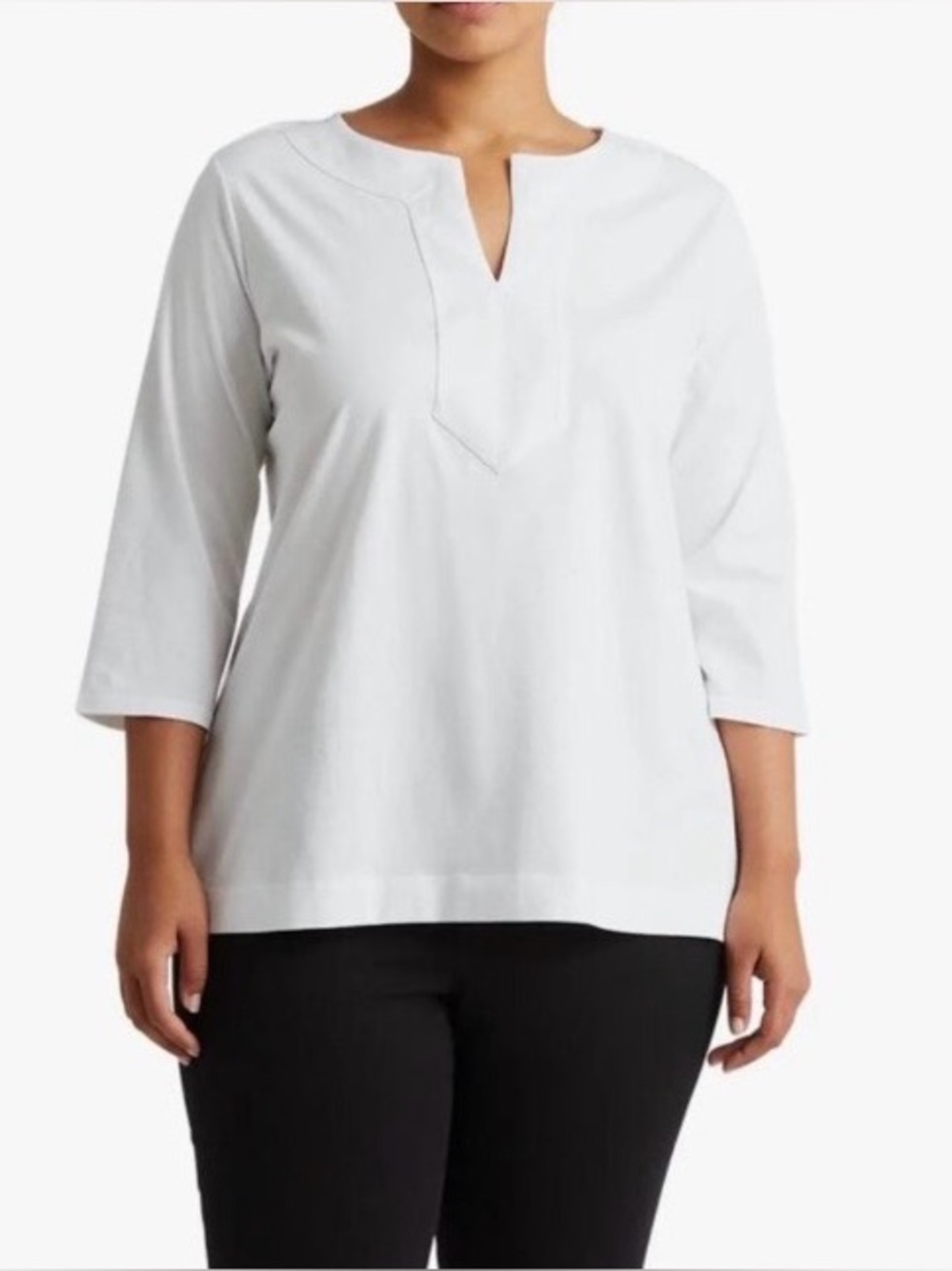 1X White Lauren Ralph Lauren Top 3/4 Sleeves Split Neckline